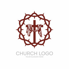 Church logo. Christian symbols. Crown of Thorns Savior Jesus Christ and the cross at Calvary.