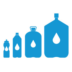 Set of blue silhouette of plastic bottles with water. Small, big, sport bottle of water. Drop emblem. Vector illustration