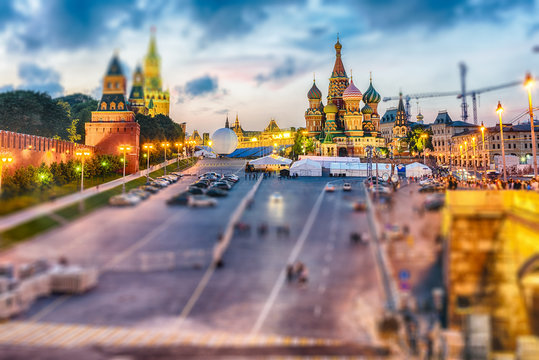 View of Red Square at dusk, Moscow. Tilt-shift effect applied