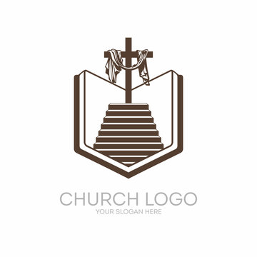 Church logo. Christian symbols. Bible, Holy Scripture, the staircase leading to the Lord and Savior Jesus Christ, on the cross at Calvary.