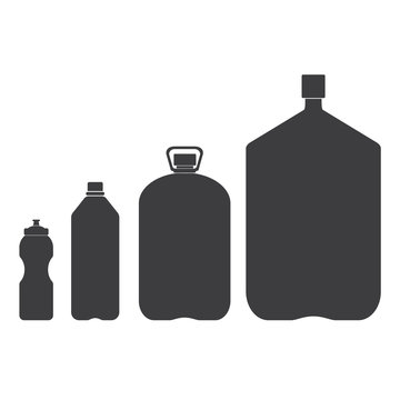 Set of black silhouette of plastic bottles with water. Small, big, sport bottle of water. Vector illustration