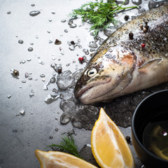 Raw brown trout on ice. Fresh fish. food background ingredients.