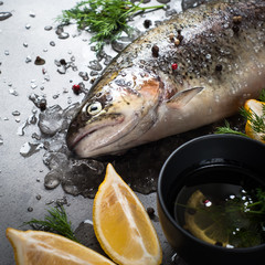 Raw brown trout on ice. Fresh fish. 