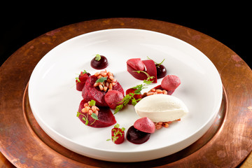 Fine dining dessert, Beet root, cherry Parfait, ice cream, white chocolate mousse and spices