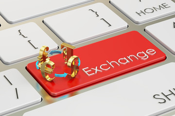 Exchange concept on red keyboard button, 3D rendering