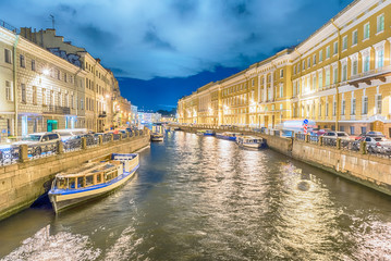 Scenic night view over Moyka River embankment, St. Petersburg, R