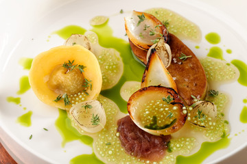 Haute cuisine, roasted Foie gras with homemade ravioli