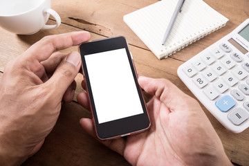 Hand of young man holding smart phone mobile