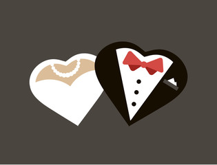 Silhouette of bride and groom in the shape of hearts. Picture for wedding invitations. Wedding invite