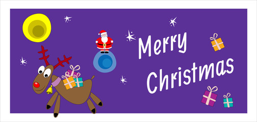 Christmas card. Santa Claus and reindeer with gifts.