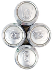 Looking down on the tops of shiny aluminum beverage cans. Vertical.