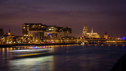 Night view over Cologne in Germany near the Rhein. 