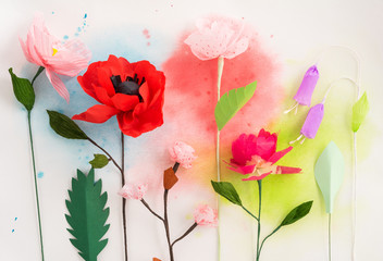 Colourful handmade paper flowers and watercolor painting