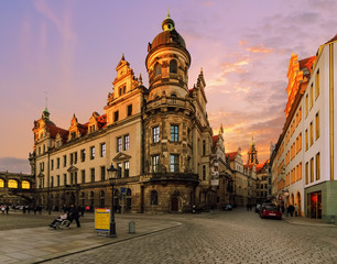 Fototapeta na wymiar Streets architecture in old town of Dresden in sunset time. Saxony, Europe.