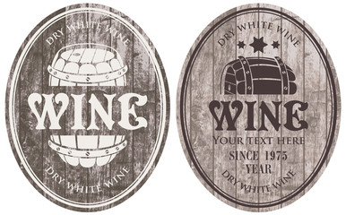 set of vector wine labels with the barrel on the background of wooden boards