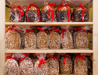 Shelf full of italian traditional panettone