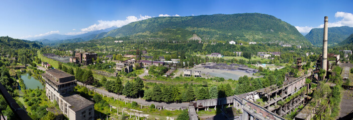 Fototapeta na wymiar Panorama view from the tube of abandoned Tkvarcheli power plant, Abkhazia 