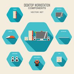 Vector set of hexagon icons of workstation computer with fulltower case, monitor, webcam, keyboard, mouse, beige UPS, speakers on the turquoise background with shadow.