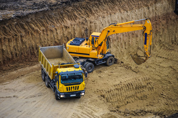 bulldozer excavator truck working hard dig dich