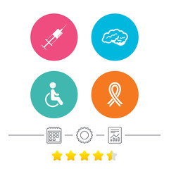 Medicine icons. Syringe, disabled, brain and ribbon signs. Breast cancer awareness symbol. Handicapped invalid. Calendar, cogwheel and report linear icons. Star vote ranking. Vector
