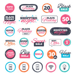 Fototapeta premium Sale shopping stickers and banners. Mobile telecommunications icons. 3G, 4G and LTE technology symbols. Wi-fi Wireless and Long-Term evolution signs. Website badges. Black friday. Vector