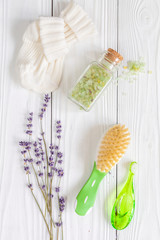 baby bath salt with lavender on wooden background