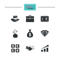 Money, cash and finance icons. Handshake, safe and currency exchange signs. Chart, case and jewelry symbols. Black flat icons. Classic design. Vector