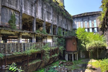 Abandoned, destroyed by war and overgrown machinery of Tkvarcheli power plant 
