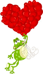 Cute frog flying with heart balloons