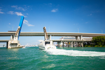 USA.FLORIDA. MIAMI NOVEMBER - 20, 2016: Bayside. Racing boat. White luxury powerboat in Miami. Florida.