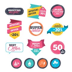 Obraz premium Sale stickers, online shopping. Birthday party icons. Cake, balloon, hat and muffin signs. Fireworks with rocket symbol. Cupcake with candle. Website badges. Black friday. Vector