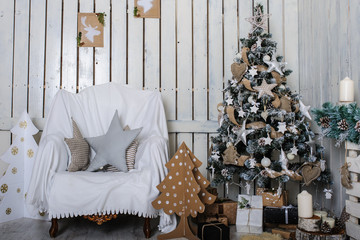 A beautiful living room decorated for Christmas.