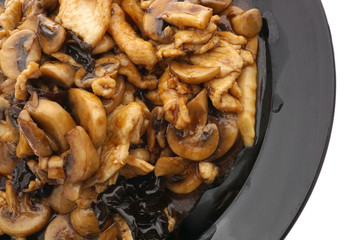 Chicken with black and white mushrooms and bamboo shoots