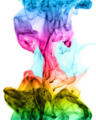 Multicolored jetstream ink in water on a white background