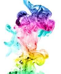 Multicolored jetstream ink in water on a white background