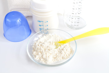 preparation of mixture baby feeding on white background