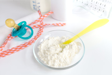 preparation of mixture baby feeding on white background
