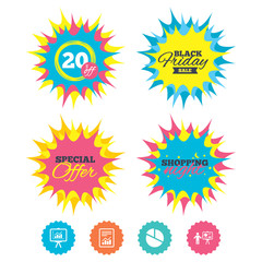 Shopping night, black friday stickers. File document with diagram. Pie chart icon. Presentation billboard symbol. Supply and demand. Special offer. Vector