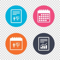 Report document, calendar icons. Presentation sign icon. Man standing with pointer. Scheme and Diagram symbol. Transparent background. Vector