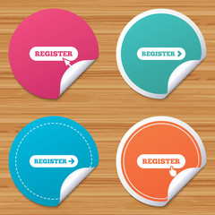 Round stickers or website banners. Register with hand pointer icon. Mouse cursor symbol. Membership sign. Circle badges with bended corner. Vector