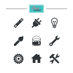 Repair, construction icons. Hammer, wrench tool and cogwheel signs. Electric plug, lamp and house symbols. Black flat icons. Classic design. Vector