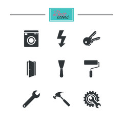 Repair, construction icons. Electricity, keys and hammer signs. Door, washing machine and service symbols. Black flat icons. Classic design. Vector