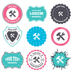 Label and badge templates. Repair tool sign icon. Service symbol. Hammer with wrench. Retro style banners, emblems. Vector