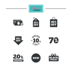 Sale discounts icon. Shopping, black friday and cash money signs. 10, 20, 50 and 70 percent off. Special offer symbols. Black flat icons. Classic design. Vector