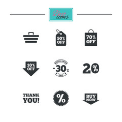 Sale discounts icon. Shopping cart, coupon and buy now signs. 20, 30 and 50 percent off. Special offer symbols. Black flat icons. Classic design. Vector