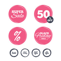Super sale and black friday stickers. Sale icons. Best special offer symbols. Black friday sign. Shopping labels. Vector