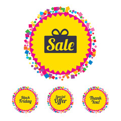 Web buttons with confetti pieces. Sale icons. Special offer and thank you symbols. Gift box sign. Bright stylish design. Vector