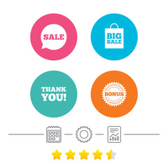 Sale speech bubble icon. Thank you symbol. Bonus star circle sign. Big sale shopping bag. Calendar, cogwheel and report linear icons. Star vote ranking. Vector