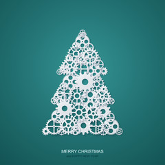 Vector modern concept christmas tree and mechanism gears background. Invitation of xmas or happy new year.