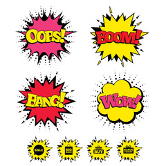 Comic Boom, Wow, Oops sound effects. Sale speech bubble icons. Buy cart symbols. Black friday gift box signs. Big sale shopping bag. Speech bubbles in pop art. Vector